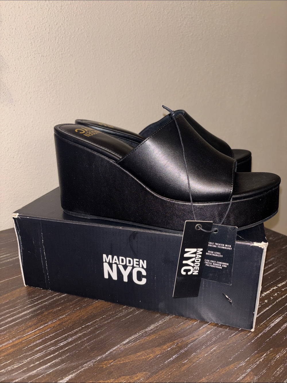 Madden NYC Black Platform Wedge Slides